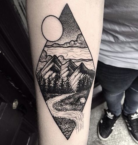 Modern Art Tattoos, Tattoo Nature, Devil Tattoo, Landscape Tattoo, Forest Tattoos, Mountain Tattoo, Forearm Tattoo Men, Nature Tattoos, Trendy Tattoos