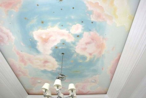 Mural Ceiling, Mermaid Palace, Cloud Room, Sky Mural, Bedroom Moodboard, Cloud Ceiling, Dream Cafe, Balloon Chandelier, Sky Ceiling