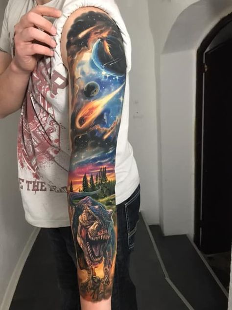 Galaxy Dinosaur Tattoo, Galaxy Sleeve, Galaxy Tattoo Sleeve, Space Tattoo Sleeve, Outer Space Tattoos, Space Tattoos, Colored Tattoo Design, Ufo Tattoo, Nature Tattoo Sleeve