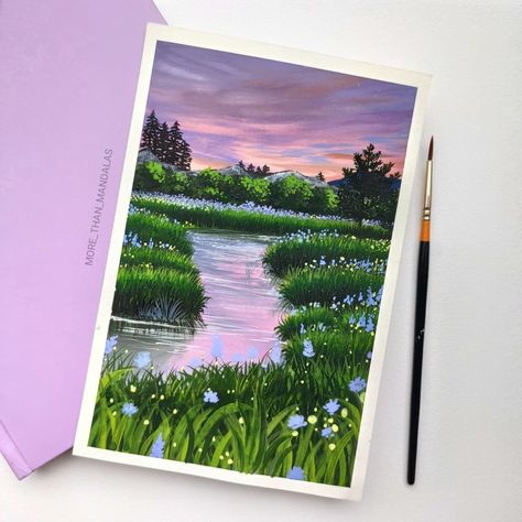 Cute Nature Paintings Easy, Pretty Nature Paintings, Diy Acrylic Landscape Painting, Small Nature Painting Ideas, Floral Scenery Painting, Gouache Scenery Painting, Castle Aesthetic Painting, Beautiful Scenery Painting Easy, Easy Acrylic Painting Ideas Landscape