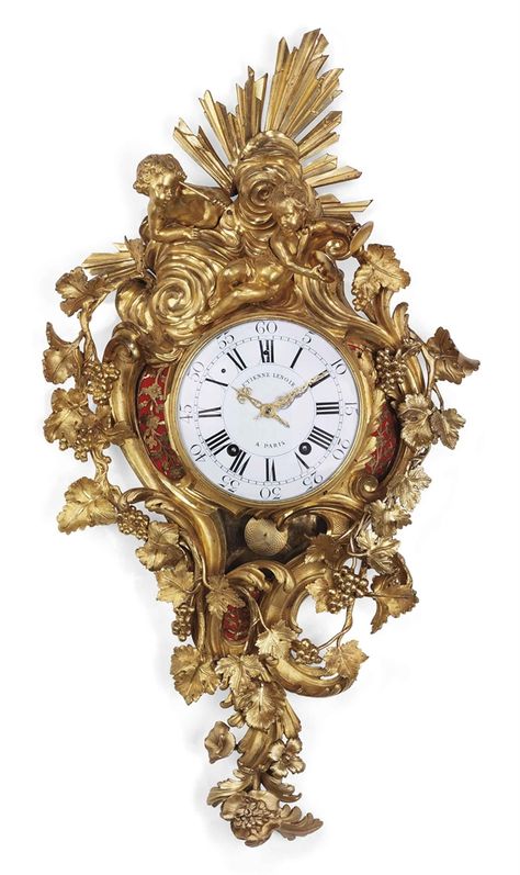 A LOUIS XV ORMOLU STRIKING CARTEL CLOCK  THE MOVEMENT BY ETIENNE LENOIR, CIRCA 1745-'50  CASE: modelled with two bacchic amorini playing cymbals, trailing vines and bunches of grapes, with pierced and engraved silk-backed sound frets; partially remounted DIAL: white enamel dial signed 'ETIENNE LENOIR/A PARIS Clock Design Ideas, Marble Clock, Classic Clocks, How To Make Wall Clock, Retro Clock, Mantel Clocks, Antique Clock, Vintage Wall Clock, Antique Clocks