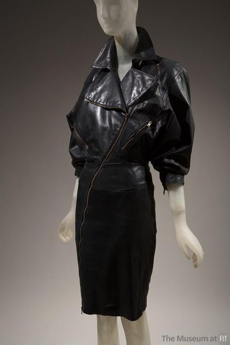 Azzedine Alaia Dress, France Museum, Alaia Dress, Black Leather Motorcycle Jacket, Metal Jacket, Body Hugging Dress, Azzedine Alaia, Dress Leather, Jacket Zipper