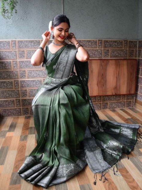 Army Forest Green with Silver Zari Forest Green Saree, Silver Saree, Traditional Indian Clothing, Saree Designs Party Wear, Linen Saree, Green Saree, Festive Wear, Indian Clothing, Blouse Fabric