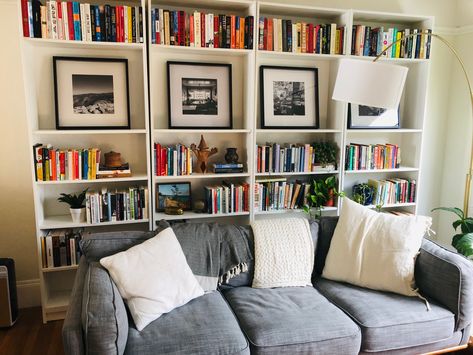 Books Behind Sofa, Lounge Room Bookshelves, Book Shelf Behind Sofa, Billy Bookcase Behind Sofa, Couch And Bookshelves, Book Case Behind Couch, Books Behind Couch, Couch With Bookcase Behind It, Sofa In Front Of Bookcase