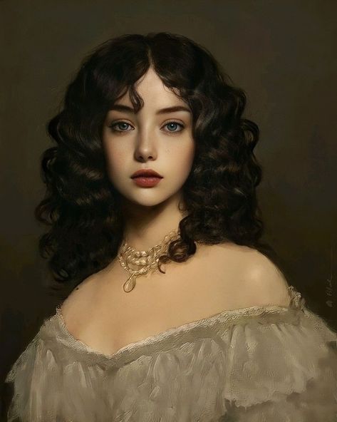 Portrait Straight On, Regency Era Character Art, Artbreeder Women, Artbreeder Woman, Dark Hair Blue Eyes, Rennaissance Art, 캐릭터 드로잉, Vintage Portraits, Ethereal Art