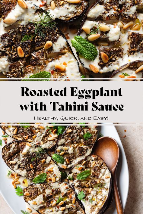 This Roasted Eggplant with Tahini Sauce is a Middle Eastern cuisine inspired side dish. Eggplant is roasted with za'atar spice and drizzle with creamy tahini sauce. The eggplant is crispy on top and butter soft on the inside which goes perfectly well with the tahini sauce. The toasted pine nuts on top are a must! Try it with toasted baguette or a choice of protein. Eggplant With Tahini Sauce, Toasted Baguette, White Bean Soup Recipes, Middle Eastern Cuisine, Tahini Recipe, Eggplant Dishes, Roasted Eggplant, Appetizer Dishes, Roast Eggplant