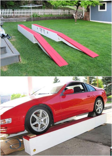 10 Inexpensive DIY Car Ramps You Can Build with Wood Diy Car Lift, Diy Car Ramps, Low Cars, Car Ramp, Bra Tips, Workshop Tools, Car Ramps, Car Lift, Lift Design