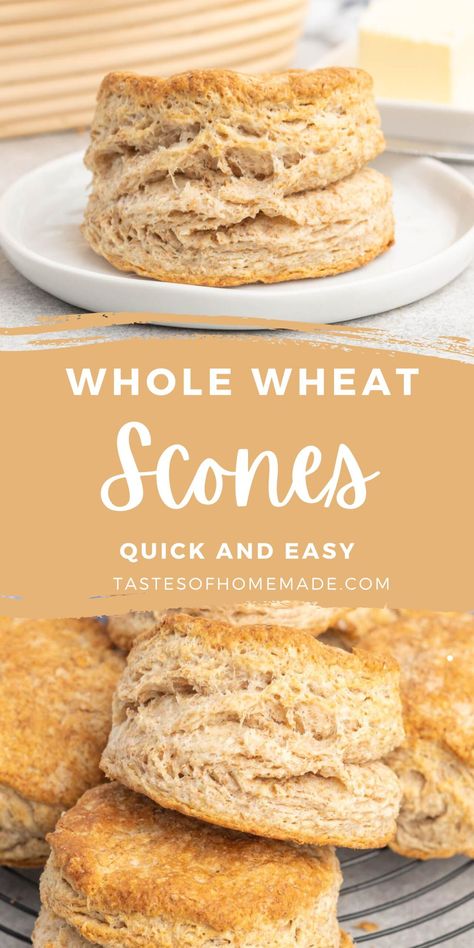 These delicious whole wheat scones are surprisingly light and flaky.  They are made with one hundred percent whole wheat flour and buttermilk for a tender scone that is perfect as is or a base for other flavours such as savoury cheese or sweet blueberry.  They come together quickly with simple ingredients.  Serve them with creamy soup, hearty stew, or spread with jam for a tasty breakfast treat. Whole Wheat Buttermilk Biscuits, Whole Wheat Scones Healthy, Whole Wheat Scones Recipe, Scones Recipe Healthy, Whole Wheat Scones, Gi Recipes, Healthy Scones, Healthy Bakes, British Scones