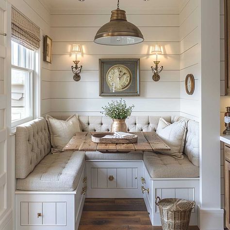 10+ Farmhouse Small Kitchen and Dining Room Ideas • 333+ Art Images Corner Dining Nook Farmhouse, Breakfast Nook Farmhouse Style, Cozy Kitchen Seating Area, Breakfast Room Ideas Farmhouse, Small Cottage Dining Room Ideas, Kitchen Table In Kitchen, Small Kitchen Dining Ideas, Small Kitchen Diner Ideas, Dining And Kitchen Combo