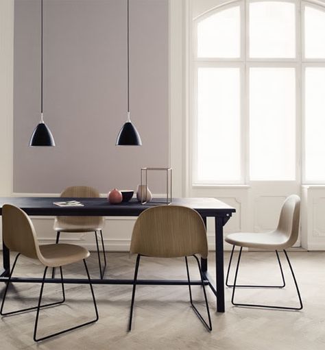 Grey Dining Table, Gubi Chair, Robert Dudley, Dining Table And Chairs, Black Wall Lamps, Bauhaus Style, Grey Dining, Wooden Floor, Luminaire Design