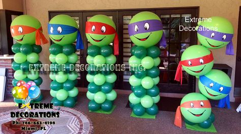 TMNT Ninja Turtles Balloon Decorations. Ninja Turtles party ideas. Balloon columns and sculptures with Ninja Turtles characters. www.extremedecorations.com  Extreme Decorations Miami. Ph: 786-663-8198 extremedecorations@gmail.com Ninja Turtles Party Ideas, Ninja Turtles Characters, Ninja Turtle Balloons, Birthday Party Ideas Decoration, Party Ideas Decoration, Ninja Turtles Party, Ninja Turtle Theme, Mutant Ninja Turtles Party, Turtle Baby Shower