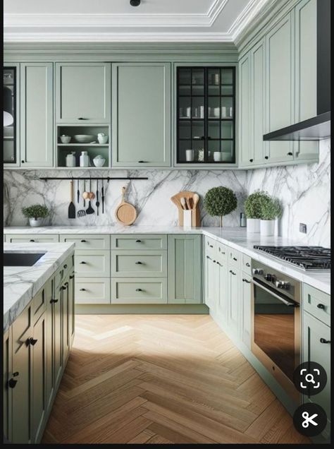 Kitchen With Colourful Tiles, Sage Green House Interior, Kitchen Cabinet Colour Ideas, Sage Kitchen Cabinets, Sage Green Kitchen Cabinets, Stage Green, Green Kitchen Backsplash, Green Kitchen Cabinet, Gloss Kitchen Cabinets