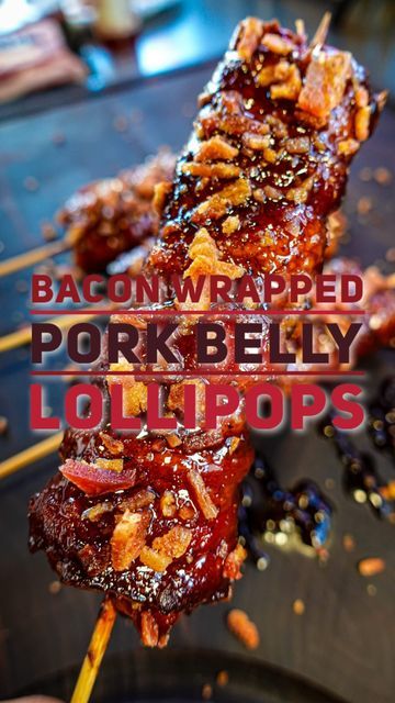 Tone Ramirez on Instagram: "Bacon Wrapped Pork Belly Lollipops 🍭 These things go crazy!! Definitely not for the lighthearted. _______________________________________ 🍭Smoked @ 250 for about 3-4 hrs or until probe slides right in like melted butter. ♨️ @chargrillergrills Gravity Fed 980 🔥 @jealousdevilcharcoal Chunx 🧂 @rubcitybbq Smoke Mafia 🩸 @blazingstarbbq Spicy BBQ 🍯 @mikeshothoney _______________________________________ #tftibbq #bbq #bbqfood #bbqporn #bbqsmoker #bbqtime #bbqsauce # Pork Belly Recipes Easy, Smoked Pork Belly, Bbq Smoker Recipes, Pork Belly Burnt Ends, Bacon Wrapped Pork, Pork Belly Recipes, Meat Appetizers, Smoked Pork, Fried Pork