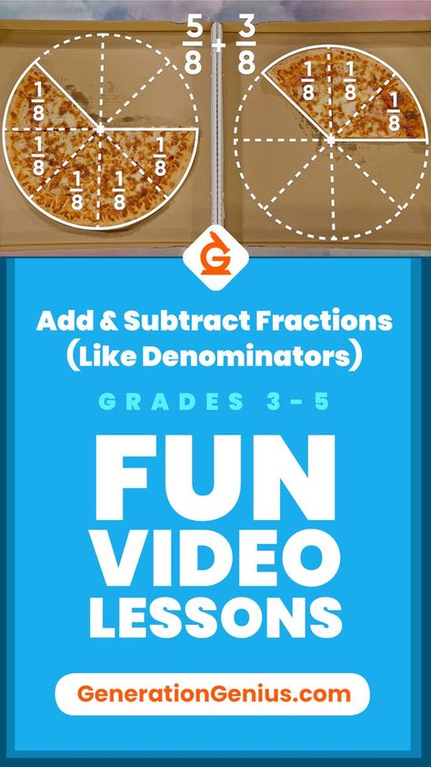 Add & Subtract Fractions (Like Denominators) Math Video and Lesson for Grades 3-5. Generation Genius is standards-aligned math and science lessons. All lessons include: fun and engaging videos, 5E lesson plans, DIY activities, practice problems, discussion questions, reading material, paper and online quizzes and more. Teachers, try it free today! Subtract Fractions, Add And Subtract Fractions, Improper Fractions, Subtracting Fractions, Math Tutorials, Math Intervention, Math Instruction, Studying Math, Math Fractions