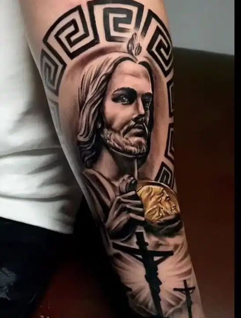 Tatuajes de San Judas Tadeo | Tatuantes St. Jude Tattoo, San Judas Tadeo Tattoo, Religous Tattoo, Daniel Tattoo, Mandala Tattoos For Women, Jesus Tattoo Design, Mayan Tattoos, Heaven Tattoos, Patriotic Tattoos