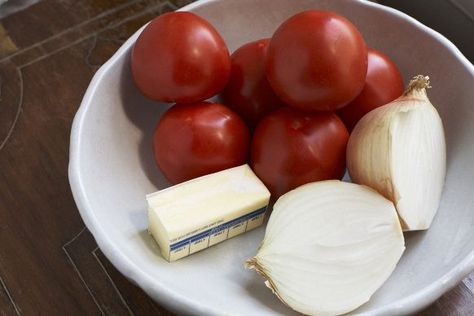 Tomato, Butter, Onion Homemade Tomato Pasta Sauce, Marcella Hazan Tomato Sauce, Grilled Italian Sausage, Onion Butter, Marcella Hazan, Fresh Tomato Sauce, Eggplant Dishes, Onion Sauce, Peach Salad