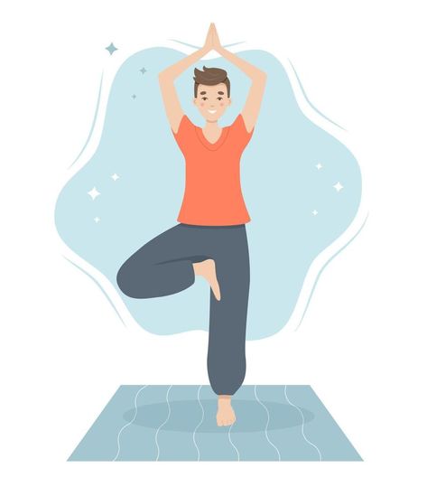 Vector man in yoga tree pose practicing indian meditation. Male spiritual practice and mental therapy. Hindu recreation and lifestyle Yoga Male, Yoga Pose Illustration, Tree Pose Yoga, Indian Meditation, Yoga Tree Pose, Mental Therapy, Yoga Drawing, Yoga Tree, Tree Pose