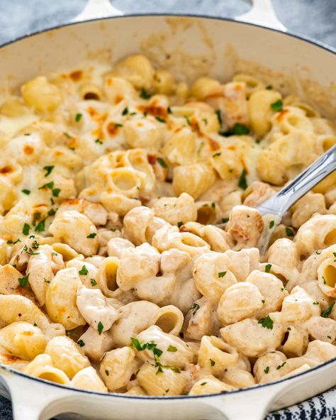 Easy Chicken Alfredo Pasta Bake - A simple, no-fuss dinner that you can easily make right at home with very few ingredients and ready in just 30 minutes. #chicken #alfredo #pasta #30minutes Chicken Breast Alfredo Recipes, Quick Chicken Alfredo Recipe, Recipes With Elbow Noodles, Easy Chicken Alfredo Pasta, Chicken Alfredo Pasta Bake, Elbow Pasta Recipes, Fetuccini Alfredo, Easy Chicken Alfredo, Elbow Noodles