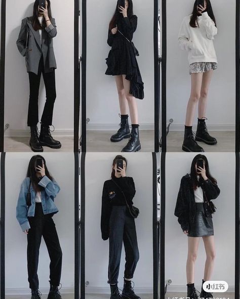 Boots Outfit For Women Korean, Korean Outfit With Boots, Black Boots Korean Outfit, Korean Combat Boots Outfit, Combat Boot Outfits Korean, Kpop Boots Outfit, Heeled Converse Outfits, Combat Boots Aesthetic Outfit, Boots Outfit Korean Style