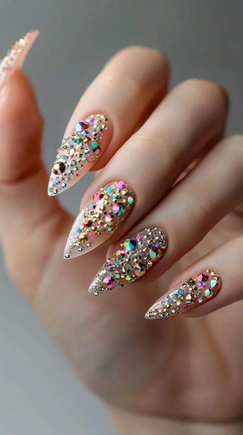 Full Glitter Nails, Blossom Nail Designs, Cherry Blossom Nails Design, Classy Nail Art Ideas, Cherry Blossom Nails, Glittery Nails, Nails Trends, Sparkle And Shine, Crystal Nails