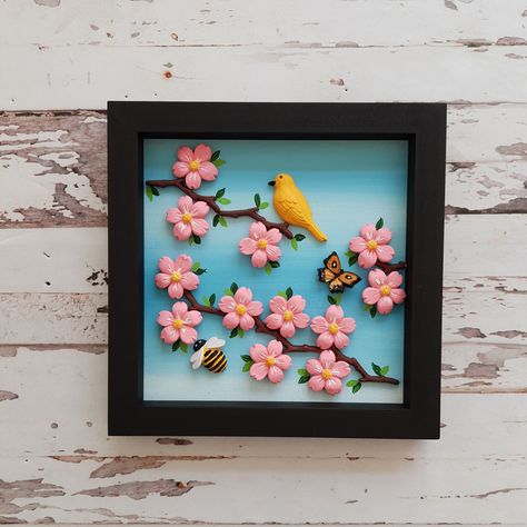 Excited to share the latest addition to my #etsy shop: Cherry Blossom Home Art Decorative Hanger for Wall / Handmade Minimalist 3D Wall Art / Framed Yellow Canary and Sakura Spring Decor For Wall #ceramicspottery #framed #bedroom #coastaltropical #poppyflowerdeco #flowerwallhanging #whitesquareframe #homedecorflower #sakuradecor #sakurawallart #cherryblossomwallart https://etsy.me/3eKkPzm 3d Clay Mural Art Flowers, Clay Art For Home Decor, 3d Art Frame, Glass Clay Art, Mouldit Art Ideas On Canvas, 3d Frame Art, Art For Baby Room, Butterfly Wall Art Diy, Super Clay