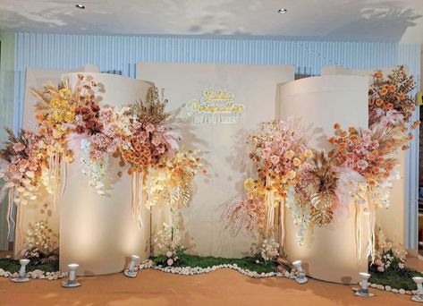 Plywood Backdrop, Wedding Season Colors, Dekor Engagement, Decor Lamaran, Backdrop Lamaran, Sangjit Decoration, Dekor Lamaran, Peach Decor, Wedding Stage Backdrop