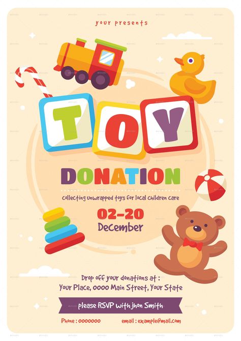 Nanny Flyer Ideas, Toys For Tots Poster Ideas, Toys Poster Design, Toy Drive Flyer, Toy Donation, Charity Poster, Drive Poster, Template Free Printable, Volunteer Projects