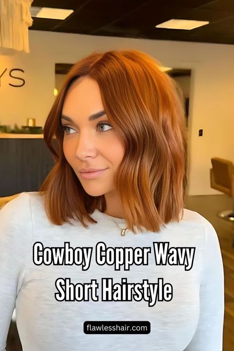 Cowboy Copper Wavy Short Hairstyle Short Wavy Hair Ideas, Copper Bob Hair, Copper Highlights On Brown Hair, Short Copper Hair, Wavy Hair Ideas, Cowboy Copper Hair, Brown Bob Hair, Red Hair Trends, Cowboy Copper