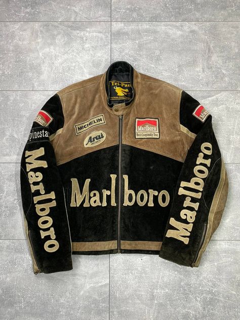 Vintage Marlboro Vintage Leather Jacket Racing Rare Racing Jacket Outfit Men, Leather Racing Jacket, Vintage Biker Jacket, Vintage Jacket Men, Vintage Racing Jacket, Vintage Varsity Jacket, Mens Leather Jacket, Racing Jackets, Lambskin Jacket