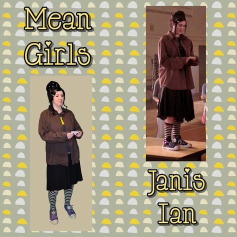 A side-by-side comparison of a person dressed up as Janis Ian from Mean Girls in a long sleeve brown button-up shirt over a black tee over it with the word RUBBISH in yellow letters, a black midi skirt, and black & white tights with purple and silver glitter converse all star sneakers holding a slip of paper next to Lizzy Caplan as Janis Ian from the movie. Words say Mean Girls and Janis Ian. Janis Ian Outfit, Mean Girls Janis, Janis Ian, Mean Girls Costume, Mean Girls Outfits, Outfit Ideas Black, Friday Outfit, A Halloween Costume, Outfit Dress