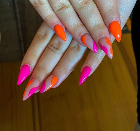 short nails Pink And Orange Nails Almond, Orange Short Nails, Almond Summer Nails 2023, Pink And Orange Nails, Almond Summer Nails, Nail Art Designs 2023, Summer Nails Ideas, Summer Nails Almond, Summer Nails 2023