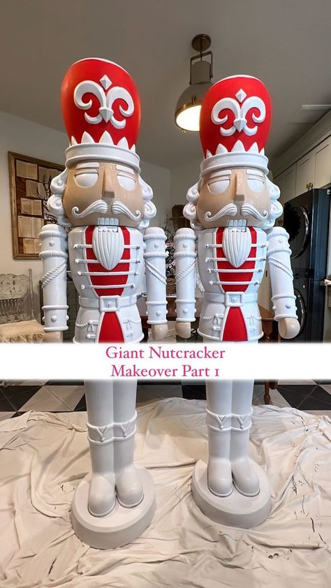 42K views · 1.6K reactions | Giant Nutcracker Makeover Part 1! 🙌🏼 These guys were $129 each from Walmart and have both lights AND music, but the red just wasn’t doing it for me! (You can ship them at the link in my bio! Currently only in stock for local pickup, so just click the link and choose the “local pickup” option to search your local stores, then checkout online for convenient in store pickup! And as always, it’s SO appreciated when you shop through my affiliate links 🥰🥰)! So we’re giving them a little makeover, which is actually taking less time than I thought it would! Started with 2 cans each of @rustoleum paint/primer in white semigloss. And then all the detail work I’m doing with literally the cheapest of cheap acrylic paint I already have! This is as far as we got today, s Giant Nutcracker Makeover, Painted Walmart Nutcracker, Walmart Nutcracker Diy, Walmart Nutcracker Makeover, Painted Nutcracker Diy, Walmart Nutcracker, Nutcracker Makeover, Giant Gingerbread House, Pool Noodle Christmas Wreath