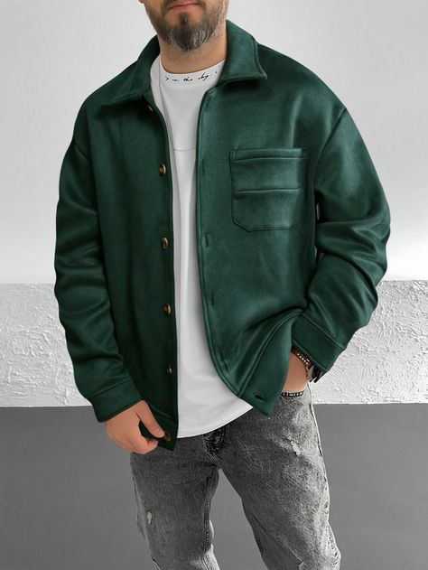 Dark Green Casual Collar Long Sleeve Suedette Plain Other Embellished Non-Stretch  Men Clothing Dark Green Jacket Outfit Men, Drop Shoulder Jacket, Green Jacket Outfit, Dark Green Jacket, Shoulder Jacket, Oc Board, College Jackets, Men Jackets, 2024 Style