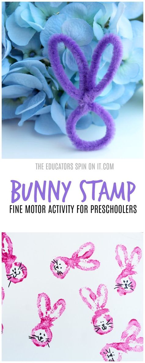 Fine Motor Bunny Stamp Paint Activity for Preschoolers. A hands on spring activity inspired by the classic book Peter Rabbit featured as a Virtual Book Club Activity along with several more bunny themed activities for preschoolers.  #vbcforkids #eduspin #easter #bunny #finemotoractivities Easter Themed Activities For Kids, Easter Bunny Activities For Preschool, Easter Nursery Activities, Preschool Bunny Activities, Bunny Activities For Toddlers, Preschool Bunny Art, Bunny Art For Preschoolers, Bunny Activities For Preschool, Bunny Theme Preschool Activities