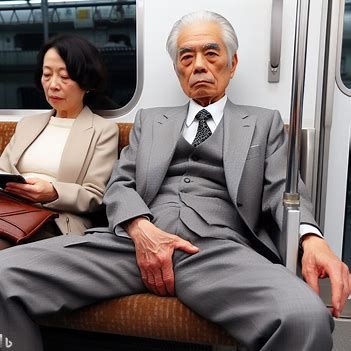 A senior Japanese man sitting on a train seat. He is wearing a gray suit with a white shirt and a tie. His left hand is resting on his groin. Next to him, his wife is sitting. She holds a kitchen knife on her hand. - Image Creator from Microsoft Bing Sitting On A Train, Japanese Suit, Japanese Old Man, Train Seat, Japanese Man, Men Fashion Photo, Tied Hands, Man Sitting, Japanese Men