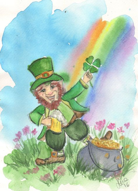 "Postcard from my original watercolour painting \"Leprechaun\" The postcard measures 10x13 cm or 4.21x5,47 inch and it will be sent in a protective plastic sleeve. Leprechaun A leprechaun (Irish: leipreachán) is a type of fairy in Irish folklore. They are usually depicted as little bearded men, wearing a coat and hat, who partake in mischief. They are solitary creatures who spend their time making and mending shoes and have a hidden pot of gold at the end of the rainbow. If captured by a human, they often grant three wishes in exchange for their freedom. Like other Irish fairies, leprechauns may be derived from the Tuatha Dé Danann. source wikipedia" Irish Fairy, Gold Drawing, Irish Folklore, St Patricks Day Crafts For Kids, Types Of Fairies, St Patrick's Day Crafts, Pot Of Gold, Map Art, Original Watercolor Painting