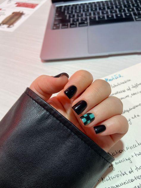 Demon Slayer Nail Designs Simple, Demon Slayer Nails Simple, Demon Slayer Nails Easy, Short Anime Nails Acrylic, Anime Short Nail Designs, Anime Nail Art Easy, Anime Themed Nails Simple, Inspired Nails Anime, Demon Slayer Nails Tanjiro