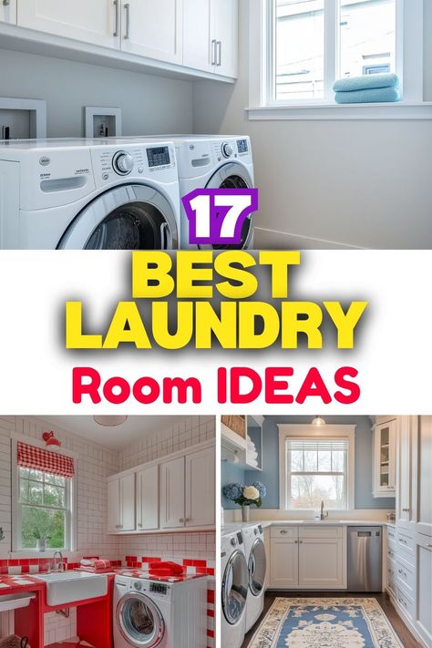 This image presents four creative laundry room ideas. The top left shows a bright space with white appliances situated against a light background, complemented by large windows. The top right displays a charming area with red and white checkered curtains and a vibrant red backsplash, featuring a sink and laundry appliances. The bottom left offers another light and airy laundry room with white cabinetry and a modern workflow layout. The bottom right features a cozy room with blue walls Laundry Room Tile Floor, Compact Washer And Dryer, Laundry Room Tile, Drying Racks, Laundry Room Ideas, Hanging Clothes, Drying Clothes, Urban Area, Wall Ideas