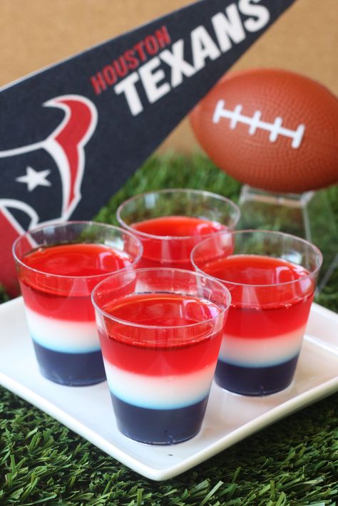 Houston Texans Jell-O ShotsDelish Jell O Shots, Az Cardinals, Houston Texans Football, Black Food Coloring, Texans Football, Cardinals Football, Blue Food Coloring, Tailgate Food, Black Food