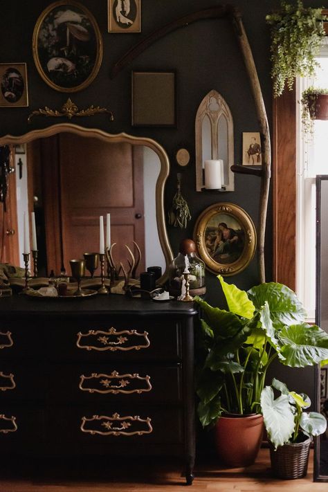 plants, antiques, gold, vintage Moody Maximalist Decor, Moody Eclectic, Moody Maximalist, Goth Houses, Moody Decor, Moody Bedroom, Dark Home Decor, Goth Home, Dark Home