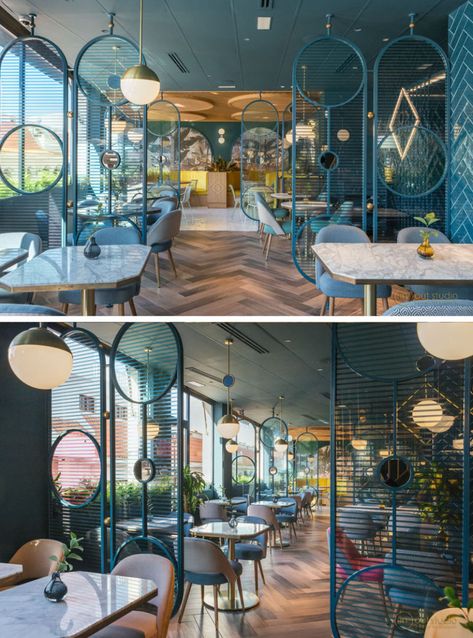 When Nayra Iglesias of In Out Studio, was asked to design the Kai La Caleta restaurant in Tenerife, she chose to use a couple of different room dividers to create separation within the restaurant. Restaurant Walls Ideas, Restaurant Cafe Design, Resturant Design, Modern Restaurant Design, Divider Design, Restaurant Seating, Bar Interior Design, Modern Restaurant, Horizontal Lines