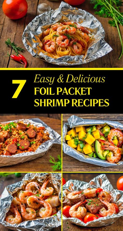 7 Campfire Foil Packet Shrimp Recipes Shrimp Foil Packets Oven, Foil Packet Shrimp, Fish In Foil Packets, Foil Packet Recipes, Shrimp And Sausage Jambalaya, Easy Grilled Shrimp Recipes, Recipes For The Grill, Chicken Foil Packets, Sausage Jambalaya