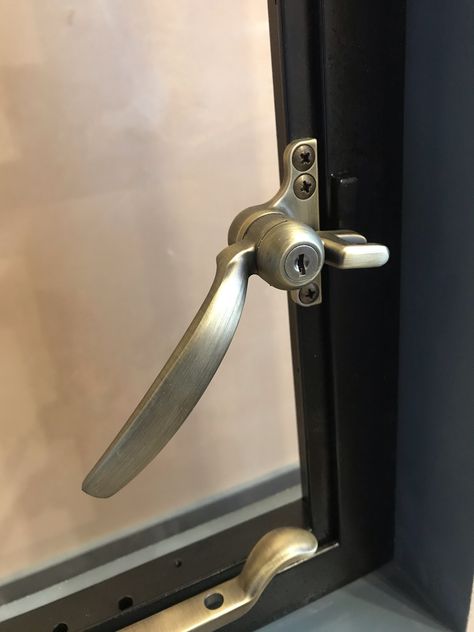 Brushed brass handles. The hardware for steel windows and doors are almost limitless. Our stock finishes are beautiful, have a look on our website. Window Handles Ideas, Doors Handles, Metal Windows, Window Furniture, Steel Windows, Brass Door Handles, Window Handles, Front Windows, Ral Colours