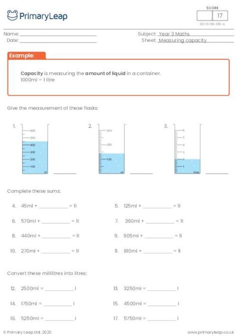 A year 3 maths worksheet that will help students with their addition and converting millilitres into litres. Capacity Activities, Capacity Worksheets, Year 3 Maths, Five Senses Worksheet, 5 Senses Activities, Maths Activity, Senses Activities, 3rd Grade Math Worksheets, Calendar Math