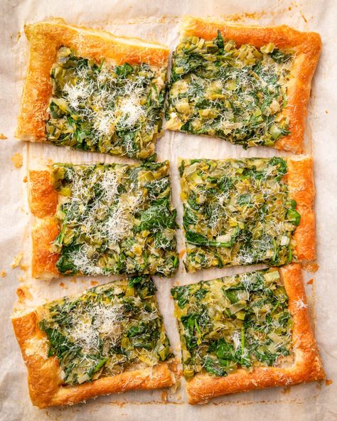 Caramelized Leek, Spinach, and Goat Cheese Tart Recipe | Kitchn Spinach And Goat Cheese, Veggie Tart, Spinach Puff Pastry, Goat Cheese Tart, Cauliflower Dishes, Cheese Puff Pastry, Cheese Tart, Cheese Straws, Easy Veggie