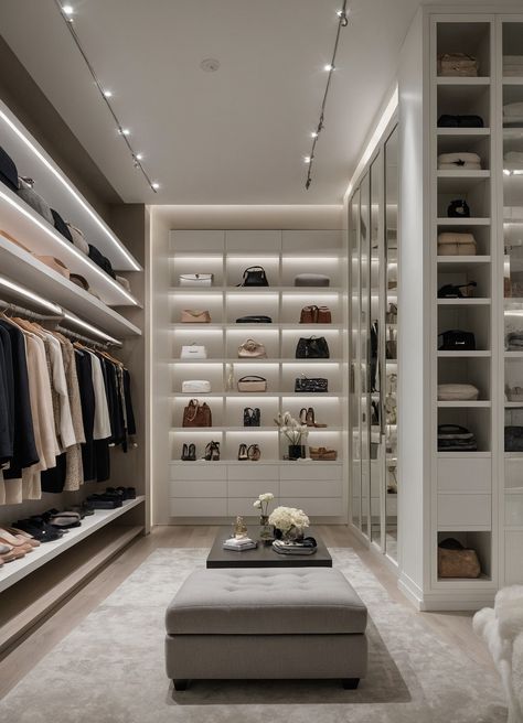 Step into a world of luxury with this modern walk-in closet designed for the stylish woman! Featuring sleek cabinetry, soft LED lighting, and plush carpeting, this space transforms organization into an art form. Ample shelving beautifully displays designer handbags and chic shoes, while a dedicated vanity area invites you to indulge in your daily beauty routine. #WalkInCloset #LuxuryLiving #FashionistaHaven Modern Walk In Closet Design Luxury, Walk In Closet And Vanity, Her Closet Walk In, Walk In Closet Luxury Modern Master Bedrooms, Modern Walking Closet, Walk In Closet Ideas Master Luxury, Dream Closets Walk In Luxury, Elegant Walk In Closet, Seattle Mansion