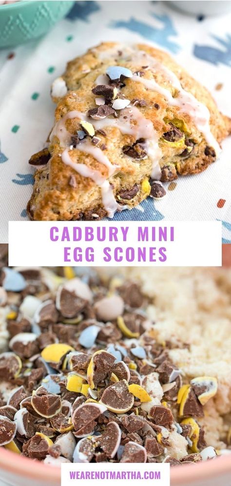 Pinterest image featuring a Cadbury Mini Egg scone and a photo of batter with crushed mini eggs with recipe title in between two photos Easter Scones, Cadbury Mini Eggs, Cheap Desserts, Family Friendly Breakfast, Cadbury Eggs, Chocolate Scones, Brunch Spread, Mini Egg, Easter Bread