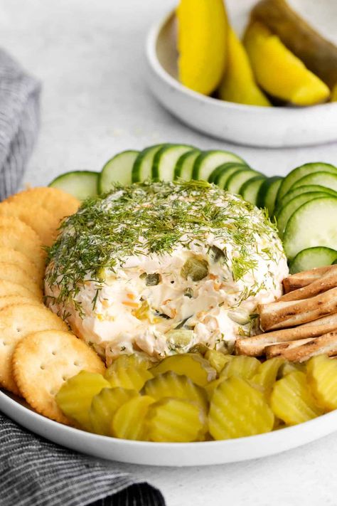 Bring this dill pickle cheese ball to your next party or event! It's made with cream cheese and cheddar cheese along with chopped dill pickles and fresh dill! Dill Pickle Cheese Ball, Pickle Cheese Ball, Pickle Juice Uses, Pickle Pasta Salad, Pickle Pasta, Seasoned Sour Cream, Dill Pickle Pasta Salad, Cream Cheese Ball, Cheesy Appetizer