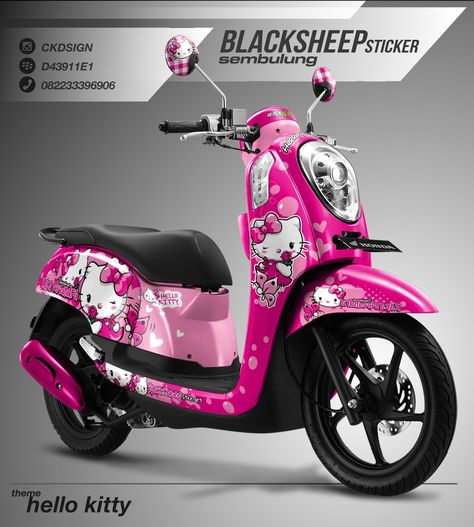 Hello Kitty Motorcycle, Scoopy Honda, Hello Kitty Bike, Sticker Branding, Honda Scoopy, Buddha Art Painting, Pretty Bike, Stick Art, Photo Editing Lightroom