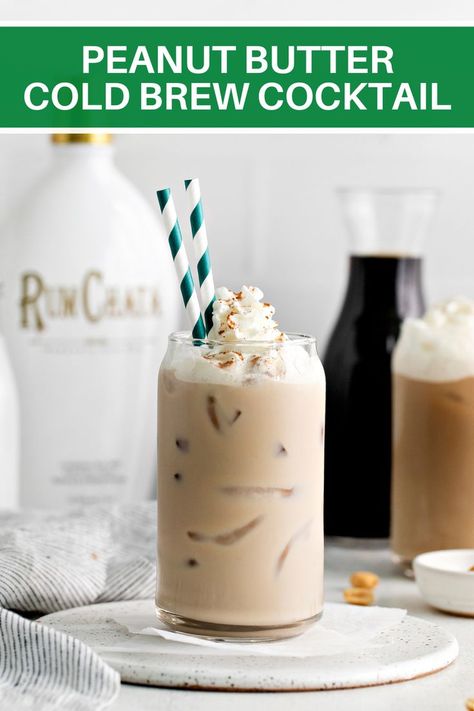 This cold brew coffee cocktail is a delicious drink that’s perfect for brunch or dessert! It’s rich and creamy with a strong coffee flavor and a hint of peanut and cinnamon. If you love cold brew coffee, peanut butter whiskey and RumChata, you are going to love this delicious Cold Brew Cocktail. Peanut Butter Cold Brew, Cold Brew Cocktail, Coffee Peanut Butter, Easy Coffee Drinks, Peanut Butter Whiskey, Cold Brew Recipe, Godiva Chocolate, Chocolate Liqueur, Delicious Drink Recipes